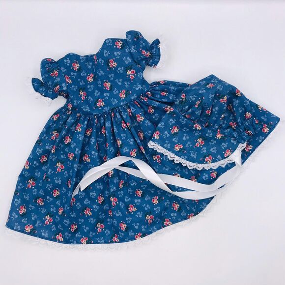 Pioneer Doll Dress & Bonnet, Handmade Outfit, For 18 Inch Dolls Blue Pink Floral - Picture 2 of 11